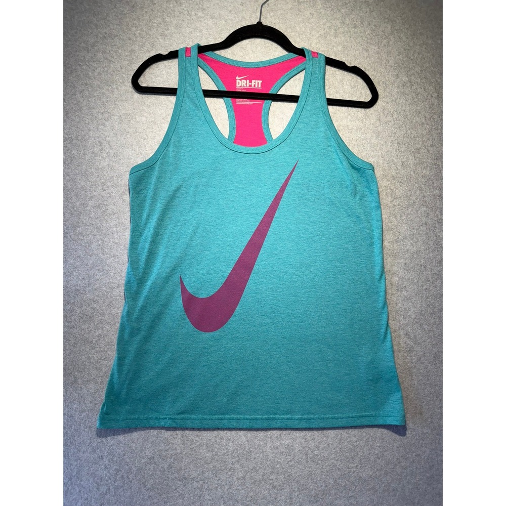 Nike Dri-fit Womens Teal Pink Racerback Graphic Swoosh Tank Top Large Loose Fit